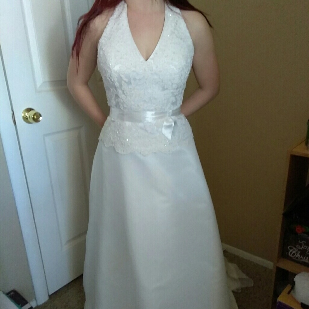 Floor length halter top wedding dress